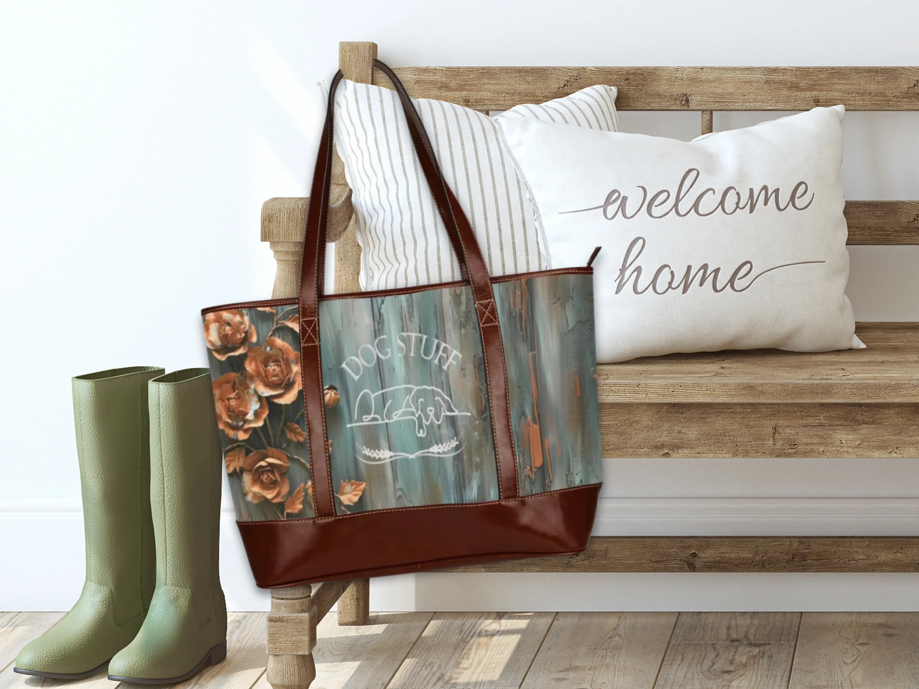 "DOG STUFF" American Farmhouse Patina Copper Rose Zipper Overnight Bag
