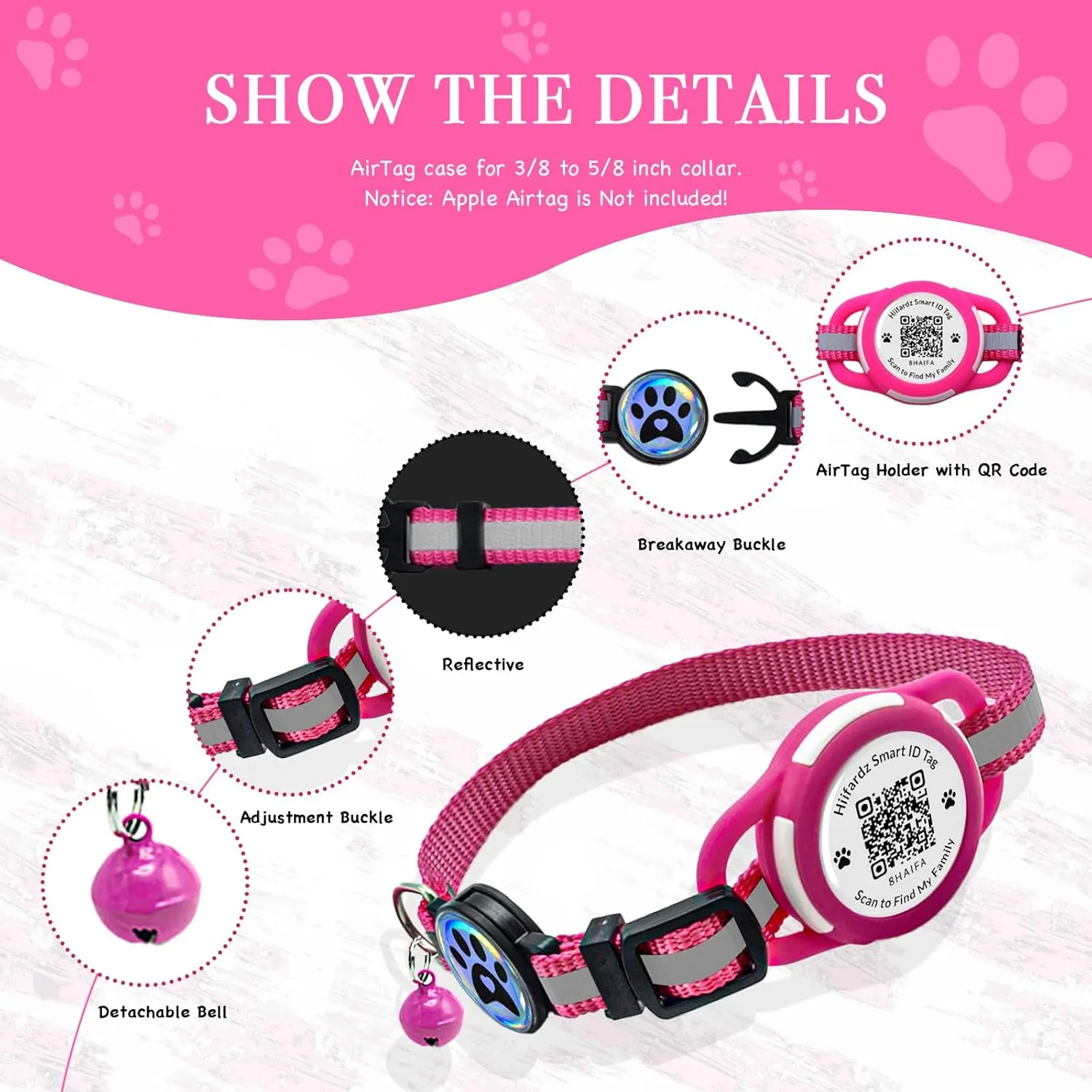 Reflective Cat Collar with QR Code Name Tag, Waterproof Holder for Airtag, Quick Release, Breakaway, Durable, Adjustable, Free Pet Online Profile (Rose Red)