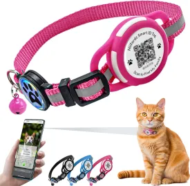Reflective Cat Collar with QR Code Name Tag, Waterproof Holder for Airtag, Quick Release, Breakaway, Durable, Adjustable, Free Pet Online Profile (Rose Red)