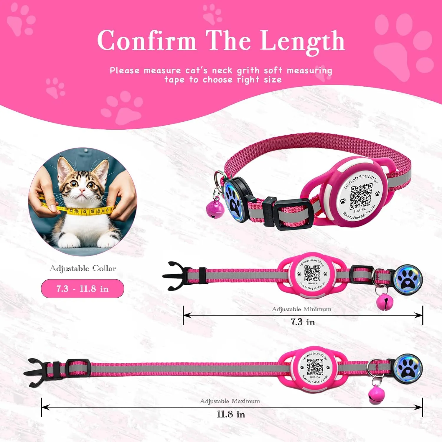 Reflective Cat Collar with QR Code Name Tag, Waterproof Holder for Airtag, Quick Release, Breakaway, Durable, Adjustable, Free Pet Online Profile (Rose Red)