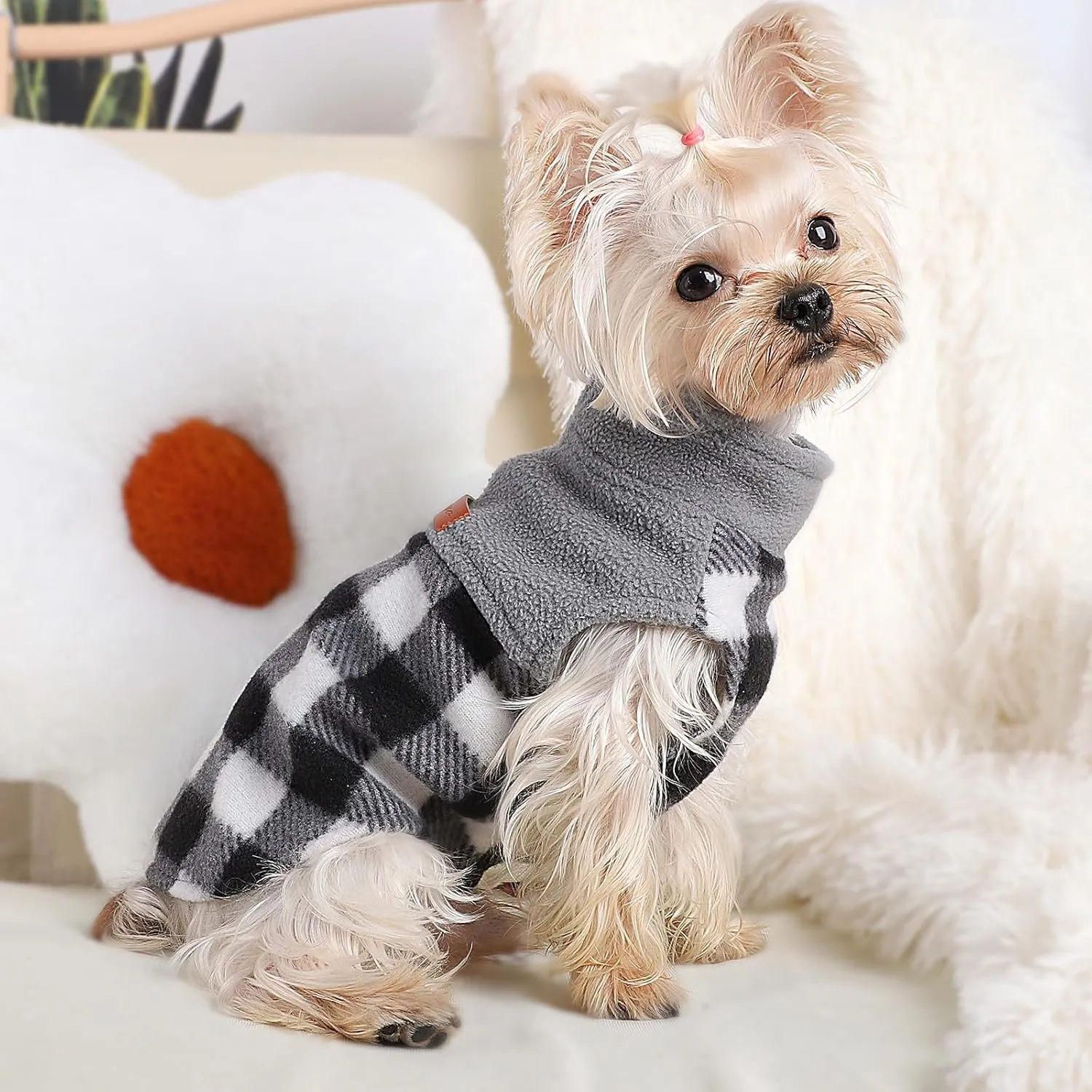 Samll Dog Sweater Fleece Plaid Dog Vest Warm Pullover Pet Sweater Soft Stretchy Fleece Vest Chihuahua Clothes Yorkie Clothes Turtleneck Puppy Winter Jacket (Plaid Black, Medium)