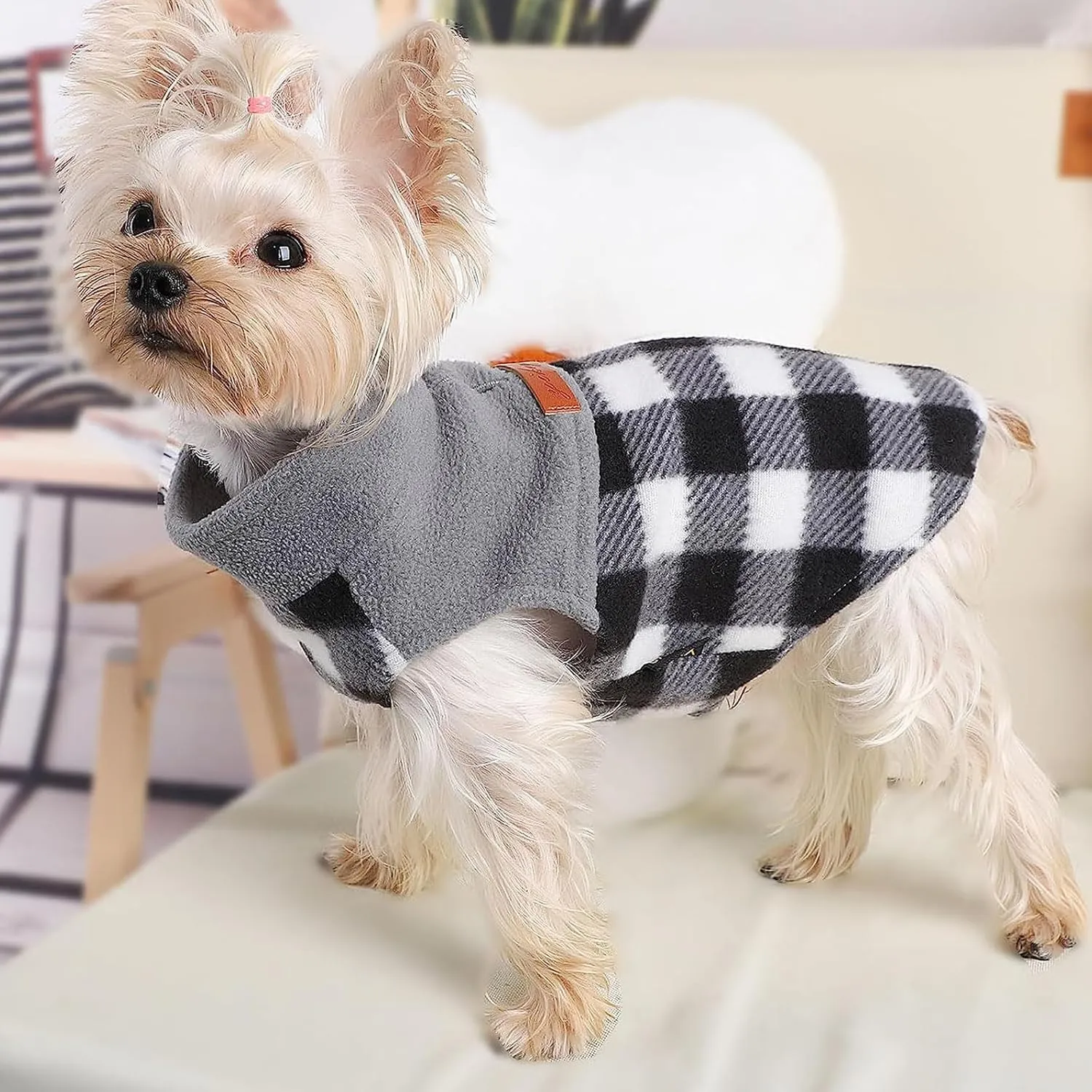 Samll Dog Sweater Fleece Plaid Dog Vest Warm Pullover Pet Sweater Soft Stretchy Fleece Vest Chihuahua Clothes Yorkie Clothes Turtleneck Puppy Winter Jacket (Plaid Black, Medium)
