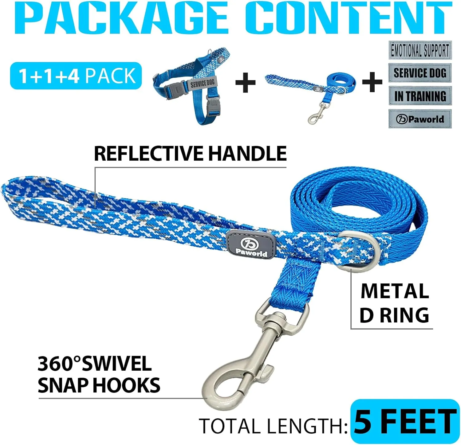 Service Dog Harness and Leash Set, No-Pull Service Dog Vest with 4 PCS Reflective Patches, Dog Vest Harness with Handle, Pet Harness for Small Medium Large Dogs in Training (Blue, L)