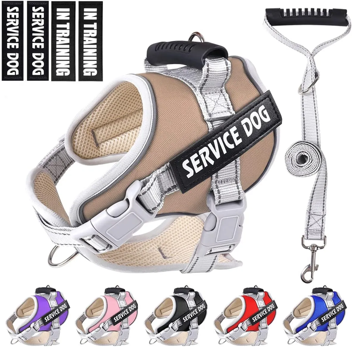 Service Dog Vest,No Pull in Training Service Dog Harness and 5FT Dog Leash Set, Adjustable 3M Reflective Nylon Pet Dog Vest with Handle,Easy Control for Small Medium Large Dogs(XL,Khaki)