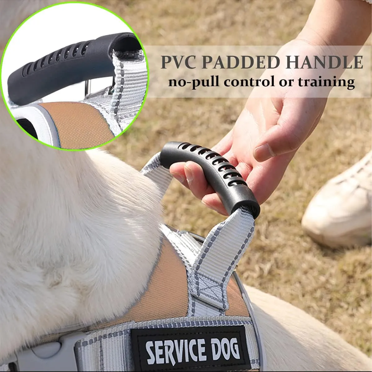 Service Dog Vest,No Pull in Training Service Dog Harness and 5FT Dog Leash Set, Adjustable 3M Reflective Nylon Pet Dog Vest with Handle,Easy Control for Small Medium Large Dogs(XL,Khaki)