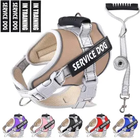 Service Dog Vest,No Pull in Training Service Dog Harness and 5FT Dog Leash Set, Adjustable 3M Reflective Nylon Pet Dog Vest with Handle,Easy Control for Small Medium Large Dogs(XL,Khaki)