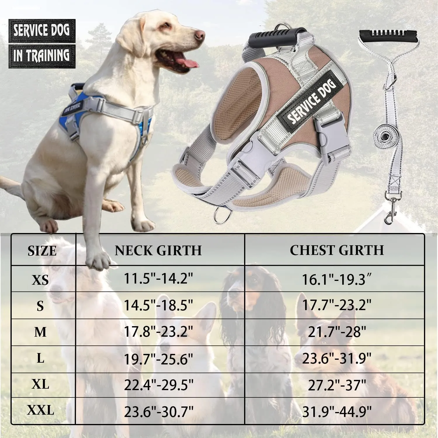 Service Dog Vest,No Pull in Training Service Dog Harness and 5FT Dog Leash Set, Adjustable 3M Reflective Nylon Pet Dog Vest with Handle,Easy Control for Small Medium Large Dogs(XL,Khaki)