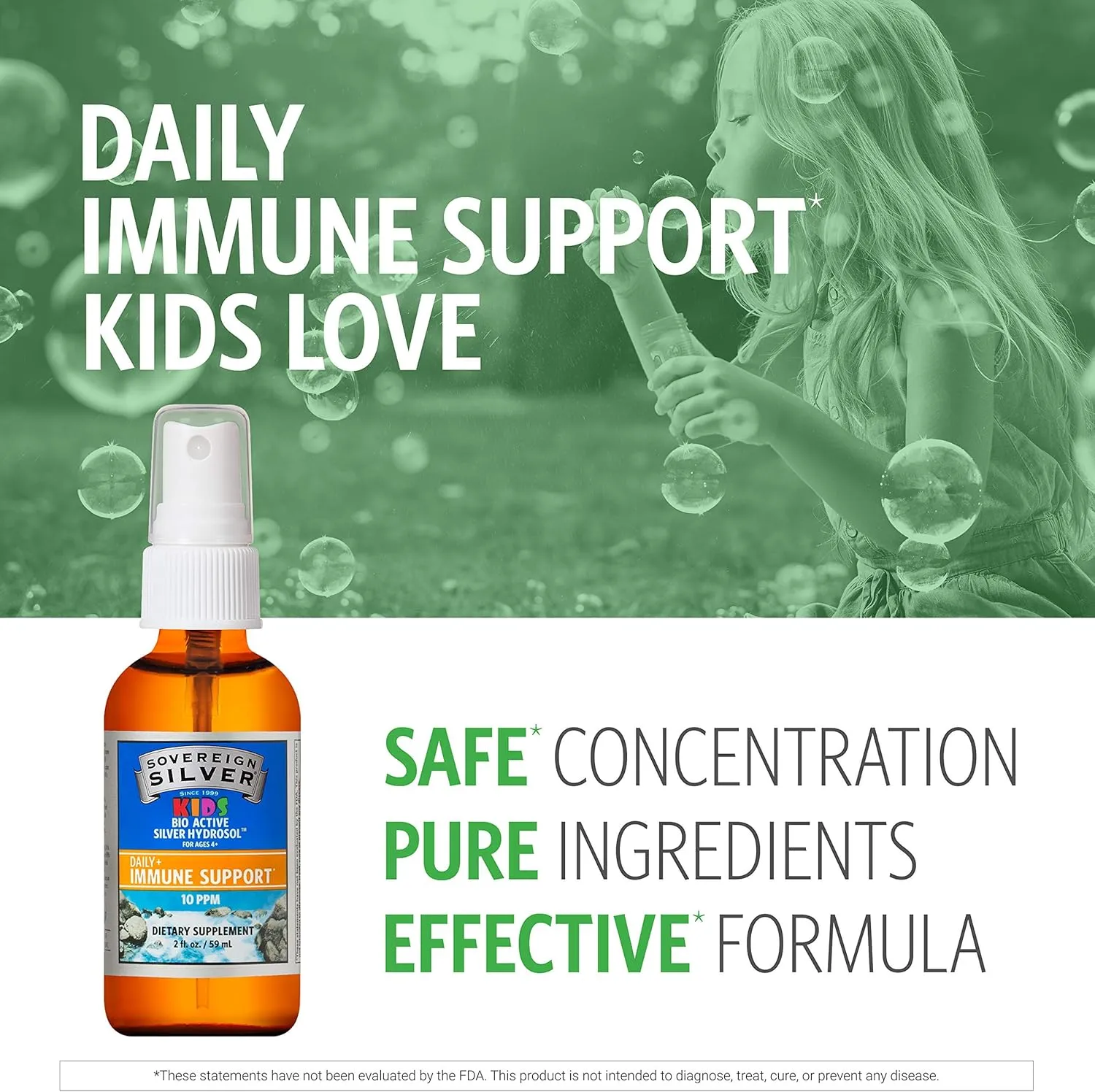 Sovereign Silver Bio-Active Silver Hydrosol Liquid for Kids Immune Support, Fine Mist, 2 oz.