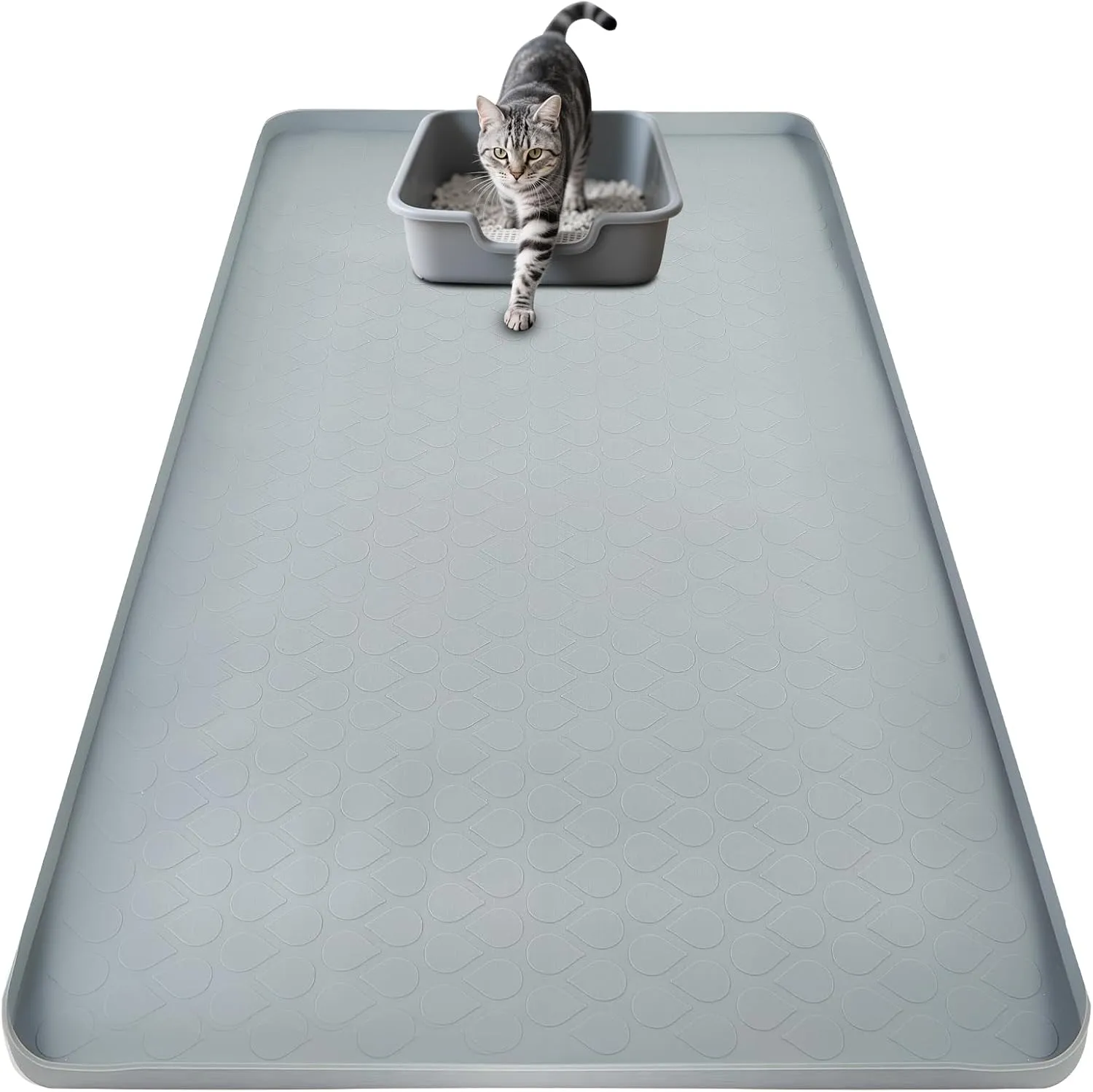 SpaceTime 34"X22" Large Cat Litter Mat Litter Trapping Mat for Kitty,Extra Large Litter Box Mat for Cat,Waterproof & Urine Proof XL Silicone Pad for Floor,Easy to Clean,Raised Edges,Non-Slip(Grey)
