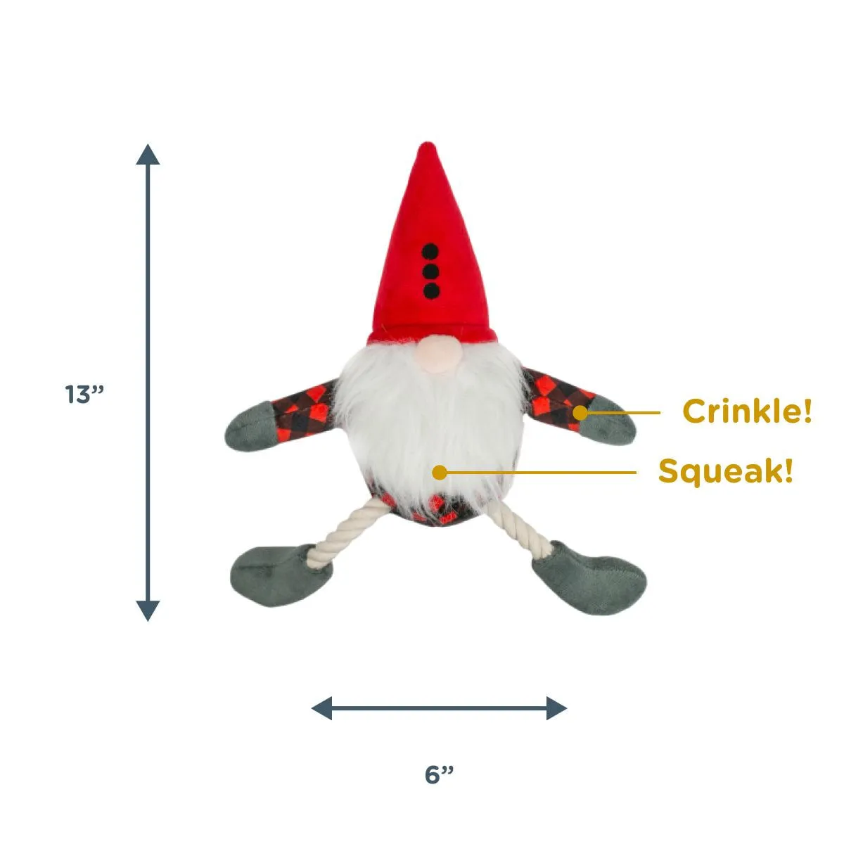 Squeaky Plush Dog Toy: Gnome Pull-Through Rope