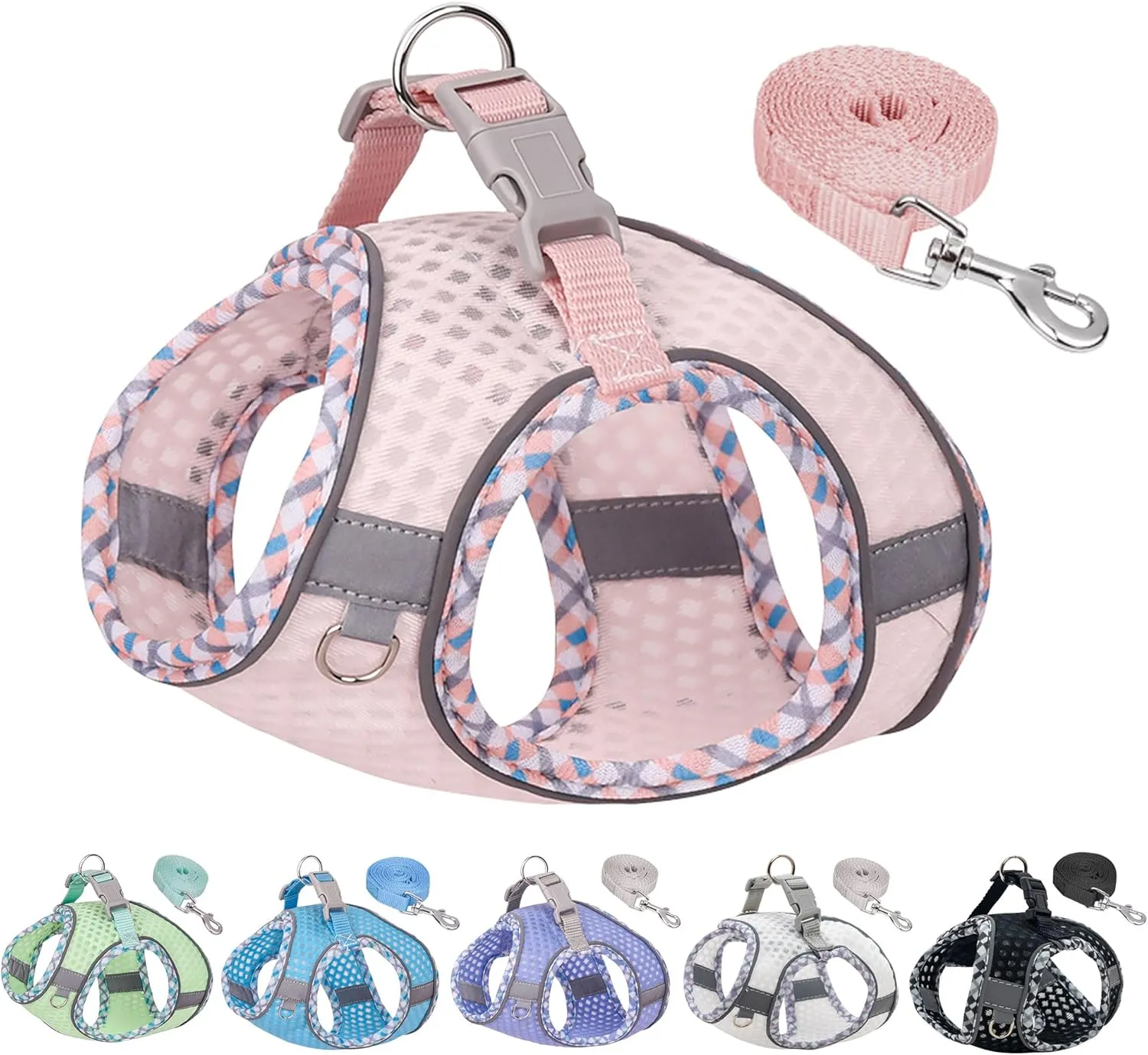 Step in Dog Harness and Leash Set, No Pull Escape Proof Vest Harness with Soft Diamond Mesh and Reflective Bands, Adjustable Pet Outdoor Harnesses for Medium Size Dogs Pearl Pink M
