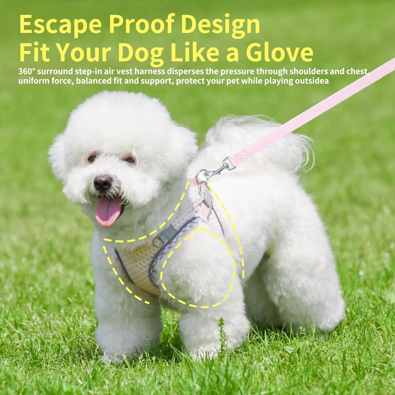 Step in Dog Harness and Leash Set, No Pull Escape Proof Vest Harness with Soft Diamond Mesh and Reflective Bands, Adjustable Pet Outdoor Harnesses for Medium Size Dogs Pearl Pink M