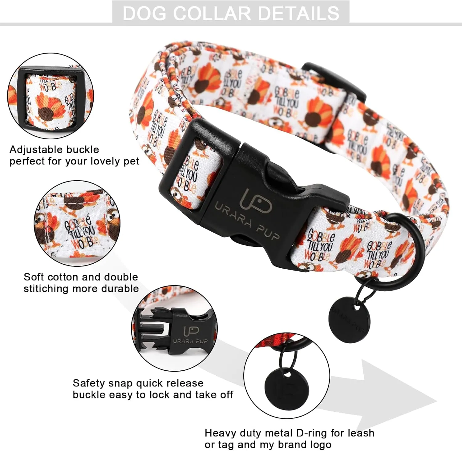 Thanksgiving Dog Collar, Turkey Cotton for Dog or Cat, Autumn Puppy With Lightweight Plastic Buckle, Great Gift for Girl Boy Dogs, L
