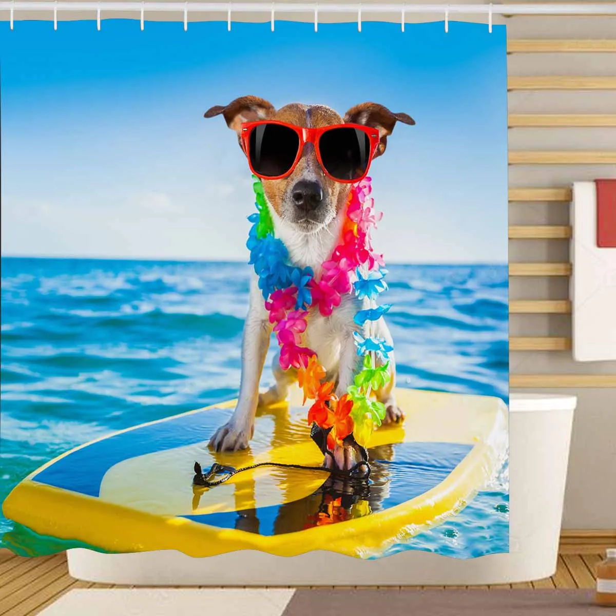 Tropical themed Shower Curtains dog surfing on a surfboard wearing a flower chain and sunglasses