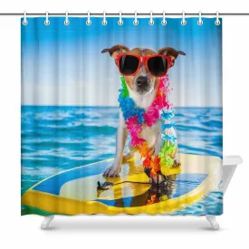 Tropical themed Shower Curtains dog surfing on a surfboard wearing a flower chain and sunglasses