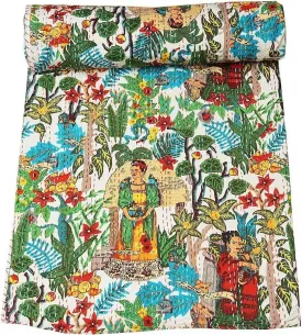 versatile Hippie Floral Handblock Handmade Cotton Block Kantha Quilting Vintage Throw Blanket Hippie Queen/King Size Bohemian Bed Decor Quilt White Throw