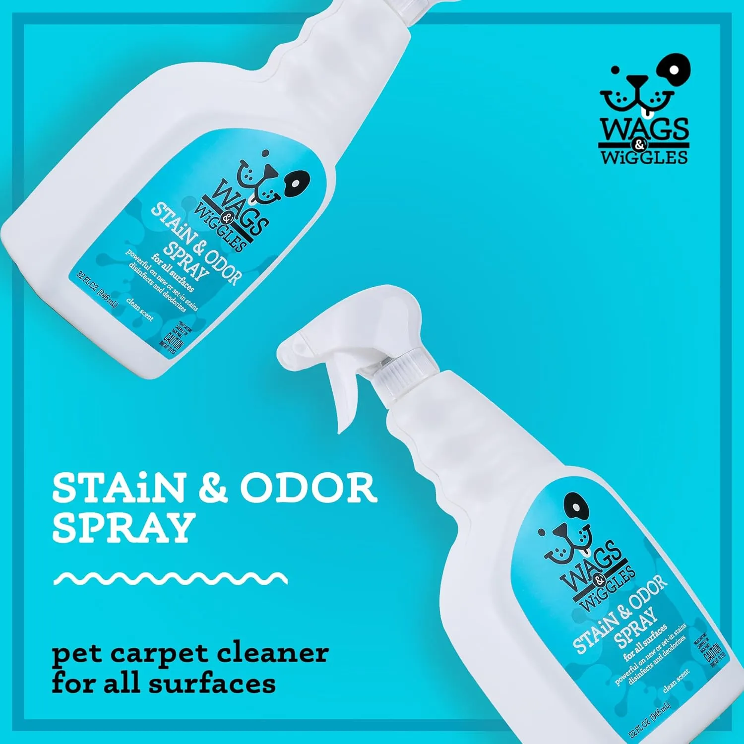 Wags & Wiggles Stain & Odor Spray, 32oz - Pet Carpet Cleaner for Stains, Oxygen-Powered Cleaner for Dog & Cat Urine, Carpet Stain Remover & Deodorizer with Clean Scent, Pet Odor Eliminator for Home