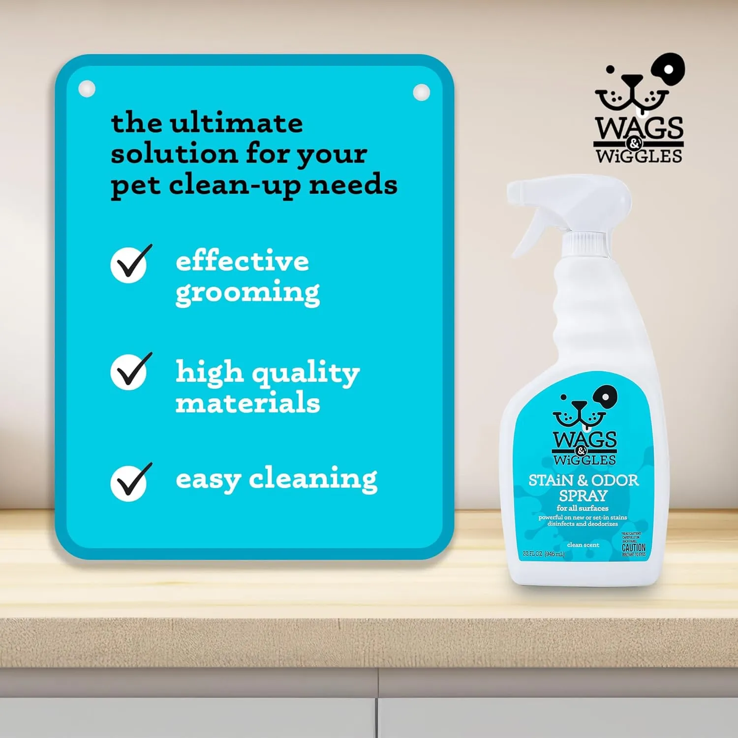 Wags & Wiggles Stain & Odor Spray, 32oz - Pet Carpet Cleaner for Stains, Oxygen-Powered Cleaner for Dog & Cat Urine, Carpet Stain Remover & Deodorizer with Clean Scent, Pet Odor Eliminator for Home