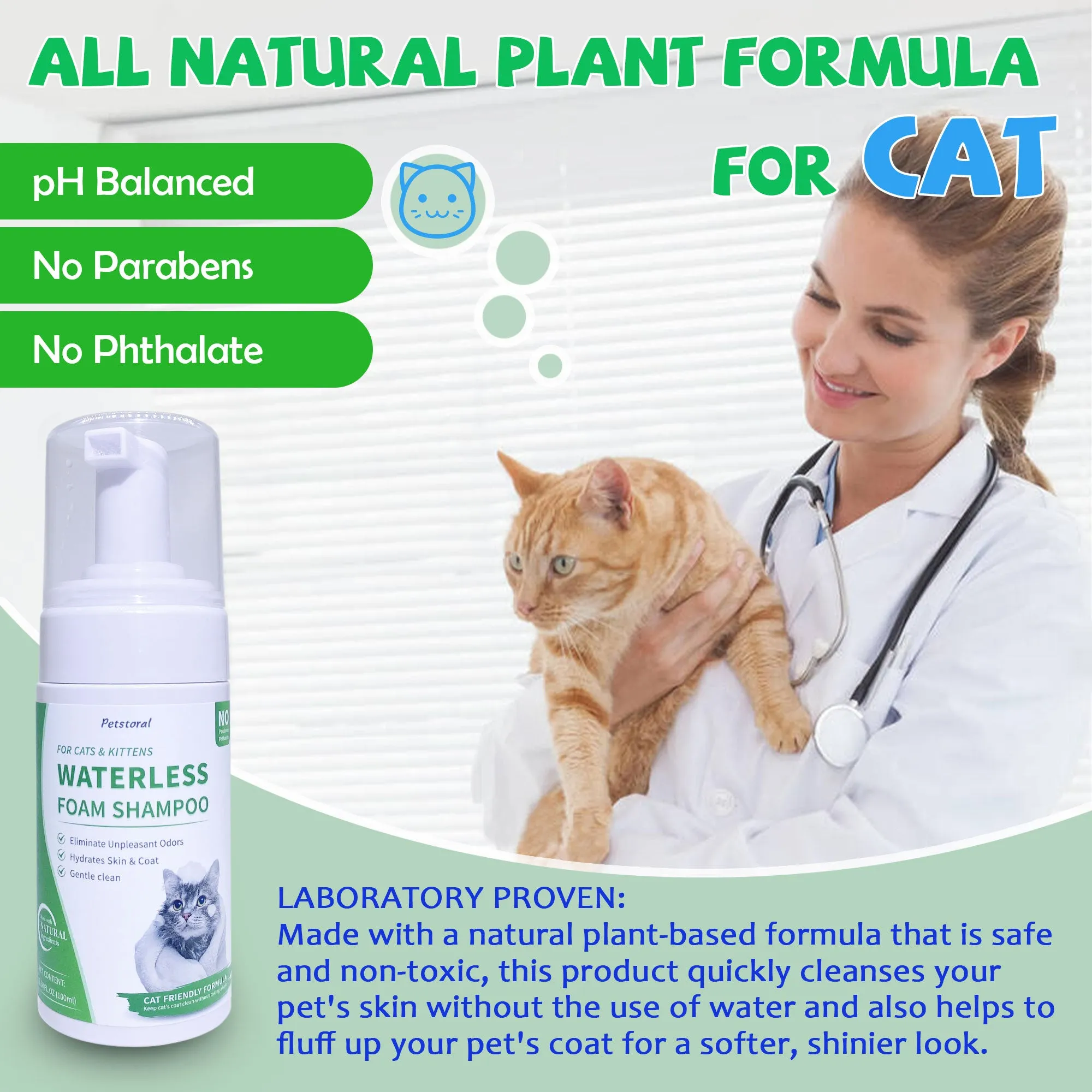 Waterless Cat Shampoo No Rinse Kitten Shampoo, Easy Cat Bath Cleaning Fur Lick Safe - Hypoallergenic Cat Shampoo for Long and Short Hair