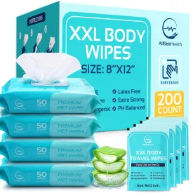 Wipes for Adults Bathing No Rinse - Adult Wipes for Elderly 8" x 12" (200 count) Shower Wipes for Adults No Rinse, Incontinence Disposable Washcloths, Aloe Vera, Vitamin E  4 Indivdual Wipes