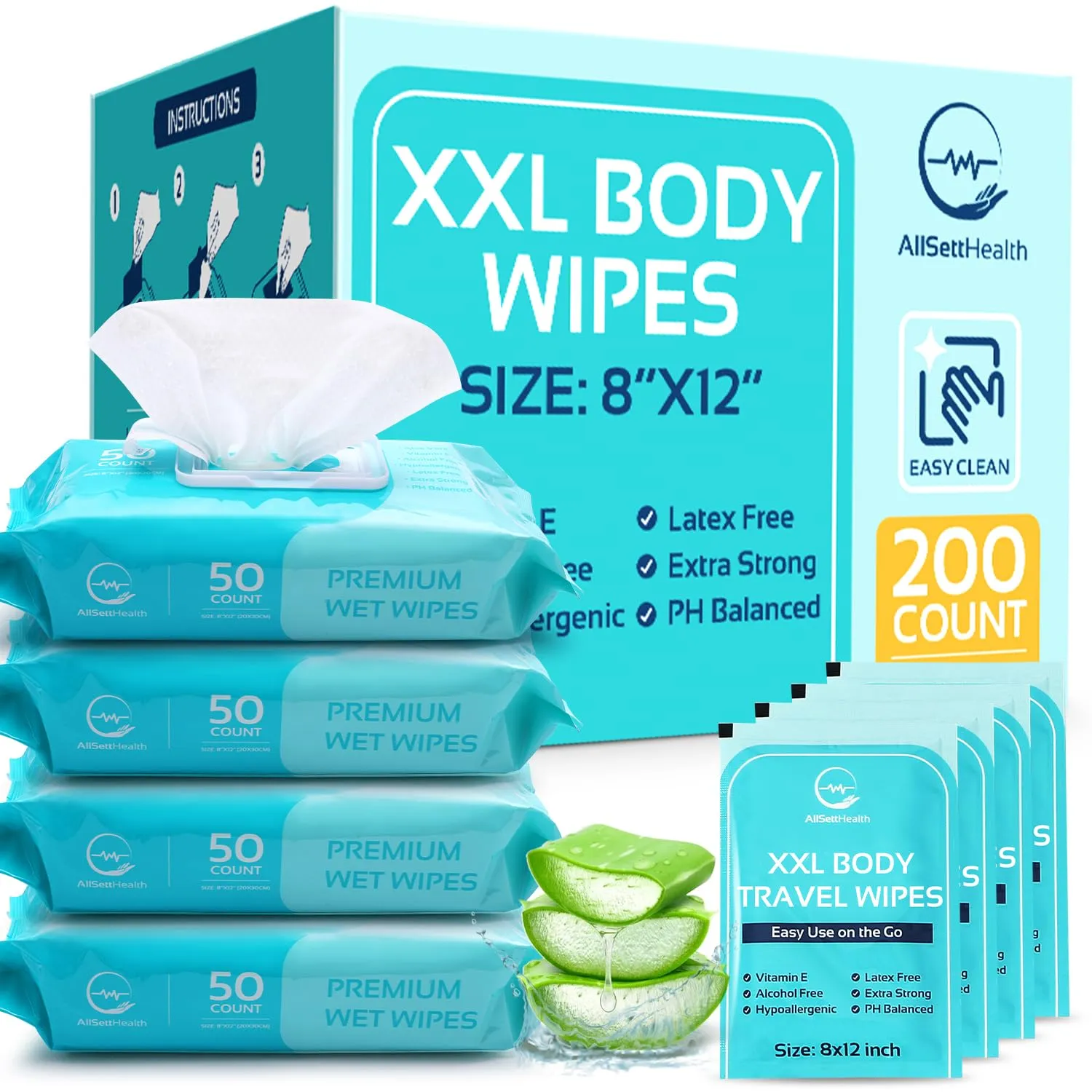 Wipes for Adults Bathing No Rinse - Adult Wipes for Elderly 8" x 12" (200 count) Shower Wipes for Adults No Rinse, Incontinence Disposable Washcloths, Aloe Vera, Vitamin E  4 Indivdual Wipes