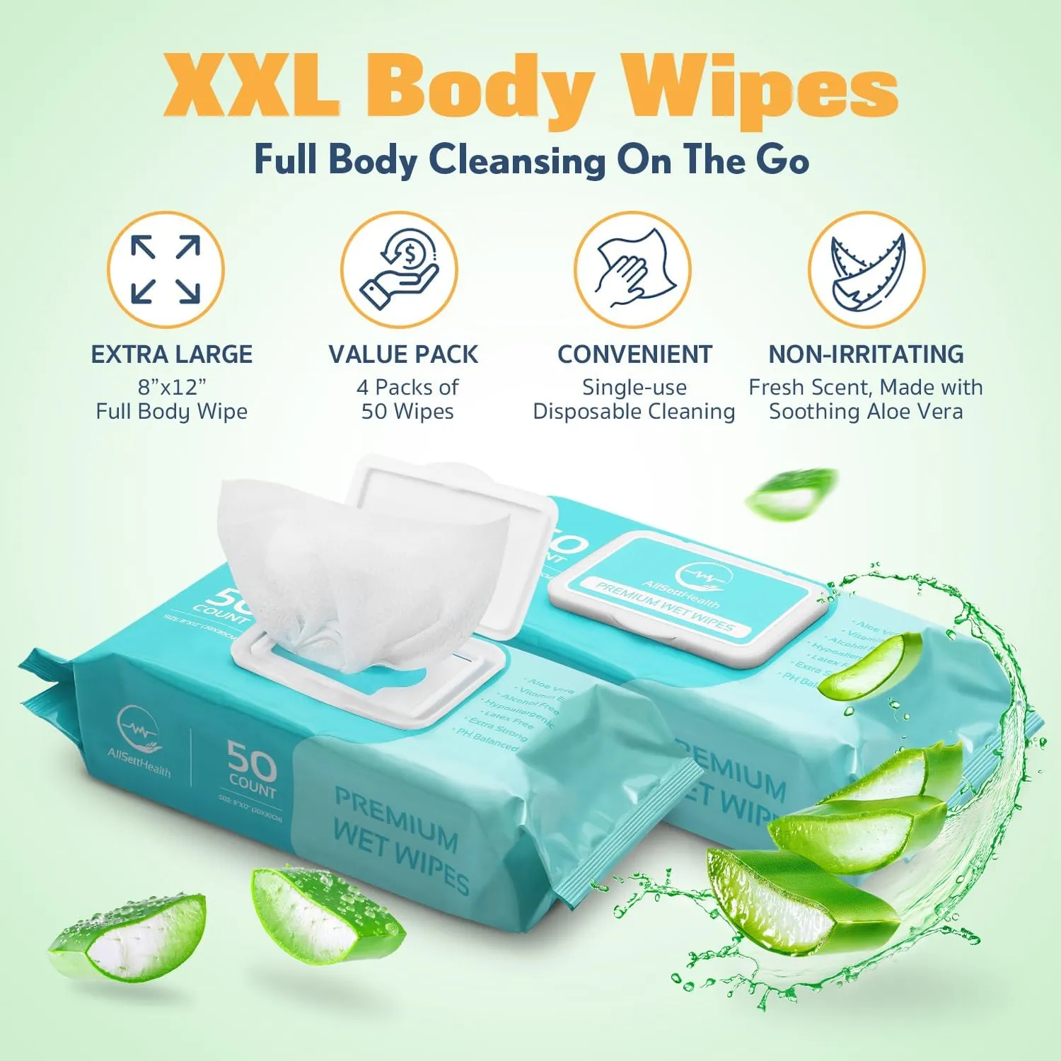 Wipes for Adults Bathing No Rinse - Adult Wipes for Elderly 8" x 12" (200 count) Shower Wipes for Adults No Rinse, Incontinence Disposable Washcloths, Aloe Vera, Vitamin E  4 Indivdual Wipes