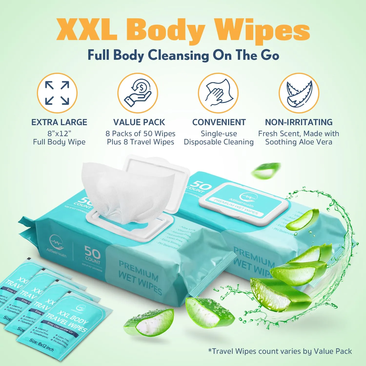 Wipes for Adults Bathing No Rinse - Adult Wipes for Elderly 8" x 12" (400 count) Shower Wipes for Adults No Rinse, Incontinence Disposable Washcloths, Aloe Vera, Vitamin E  8 Indivdual Wipes