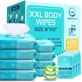 Wipes for Adults Bathing No Rinse - Adult Wipes for Elderly 8" x 12" (400 count) Shower Wipes for Adults No Rinse, Incontinence Disposable Washcloths, Aloe Vera, Vitamin E  8 Indivdual Wipes