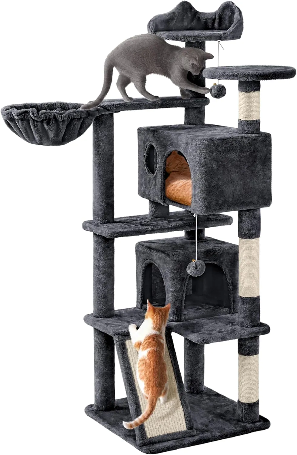 Yaheetech 57 inches Cat Tree for Indoor Cats, Multi-Level Cat Tower w/ 3 Perches, 2 Cat Condos, 2 Hanging Balls and Scratching Posts, Dark Gray