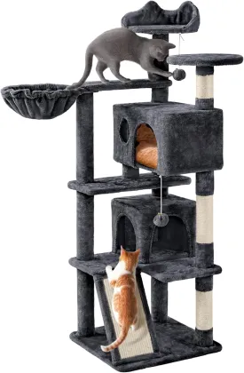 Yaheetech 57 inches Cat Tree for Indoor Cats, Multi-Level Cat Tower w/ 3 Perches, 2 Cat Condos, 2 Hanging Balls and Scratching Posts, Dark Gray