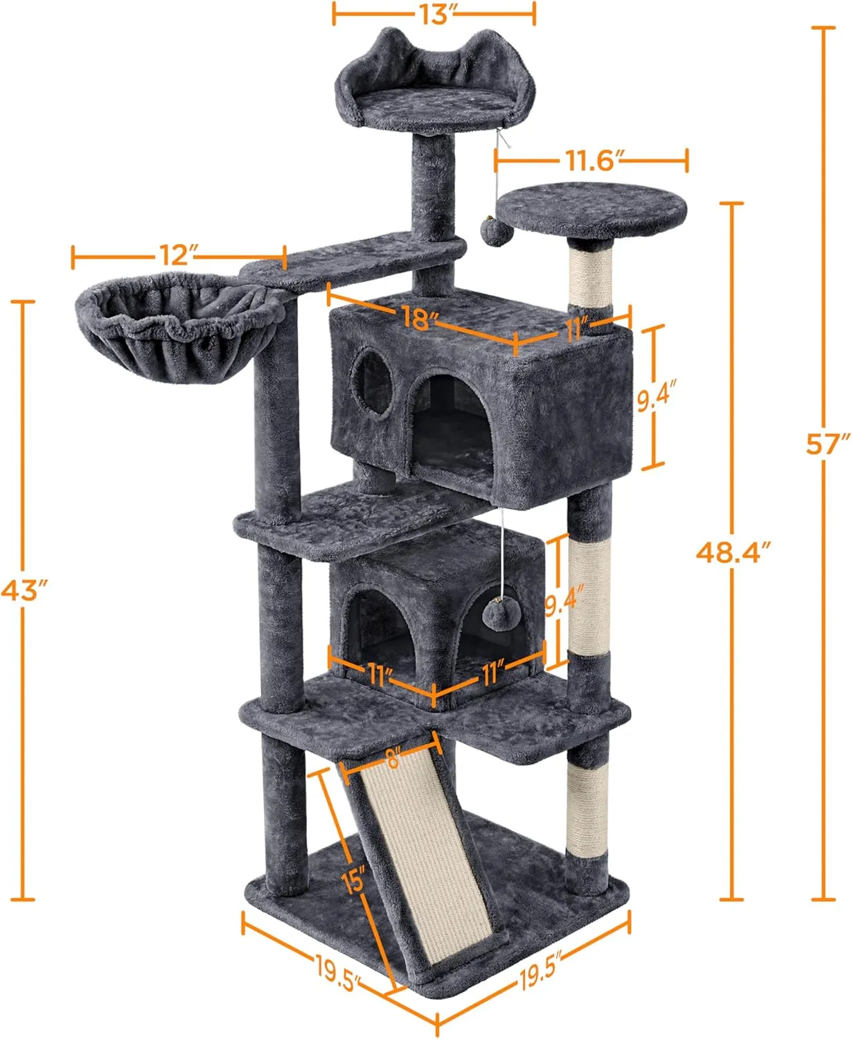 Yaheetech 57 inches Cat Tree for Indoor Cats, Multi-Level Cat Tower w/ 3 Perches, 2 Cat Condos, 2 Hanging Balls and Scratching Posts, Dark Gray
