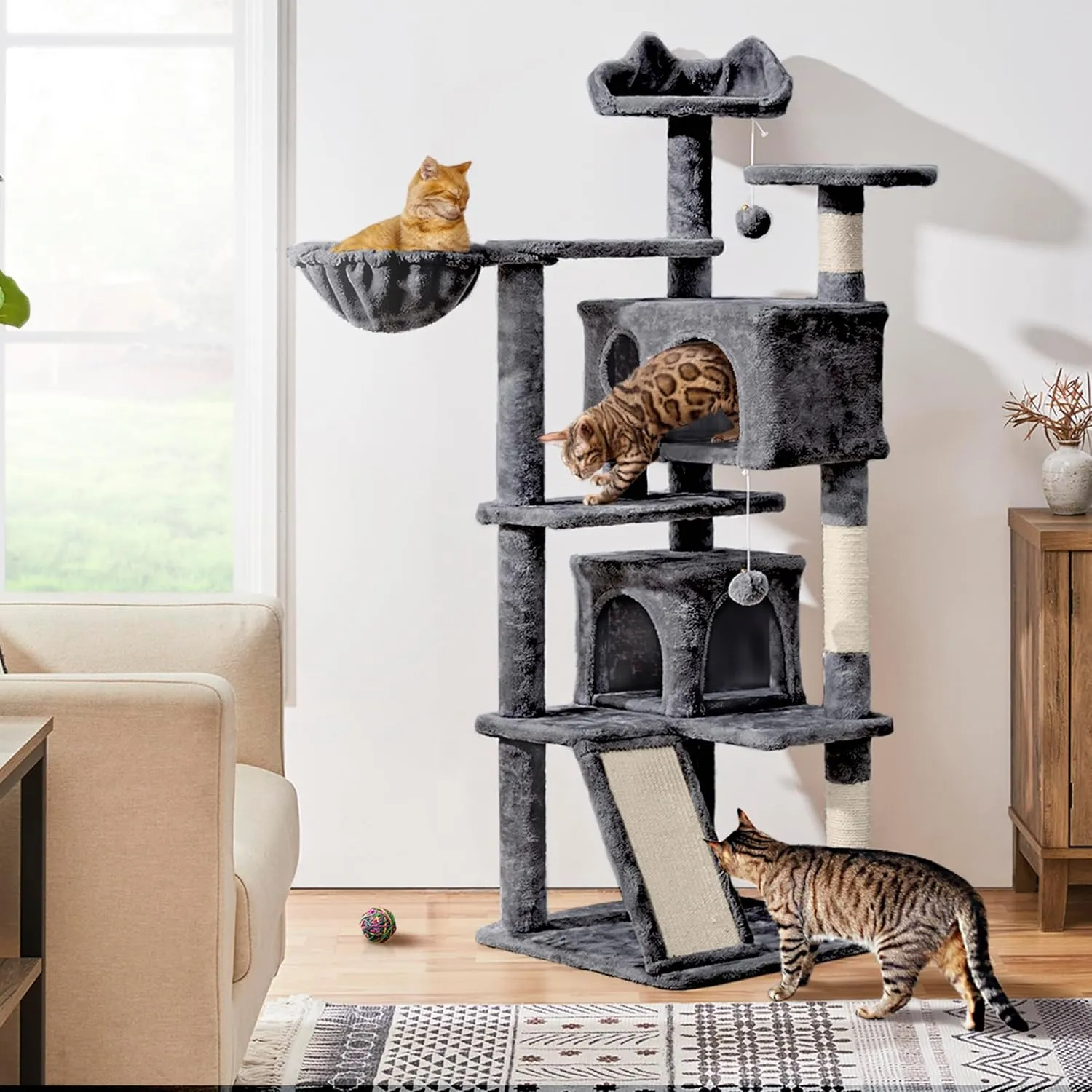Yaheetech 57 inches Cat Tree for Indoor Cats, Multi-Level Cat Tower w/ 3 Perches, 2 Cat Condos, 2 Hanging Balls and Scratching Posts, Dark Gray