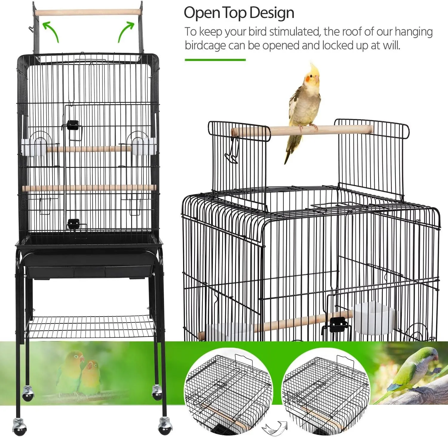 Yaheetech Open Top Rolling Parrot Bird Cage for Cockatiel Sun Parakeet Green Cheek Conure Mid-Sized Parrot Cage with Detachable Stand