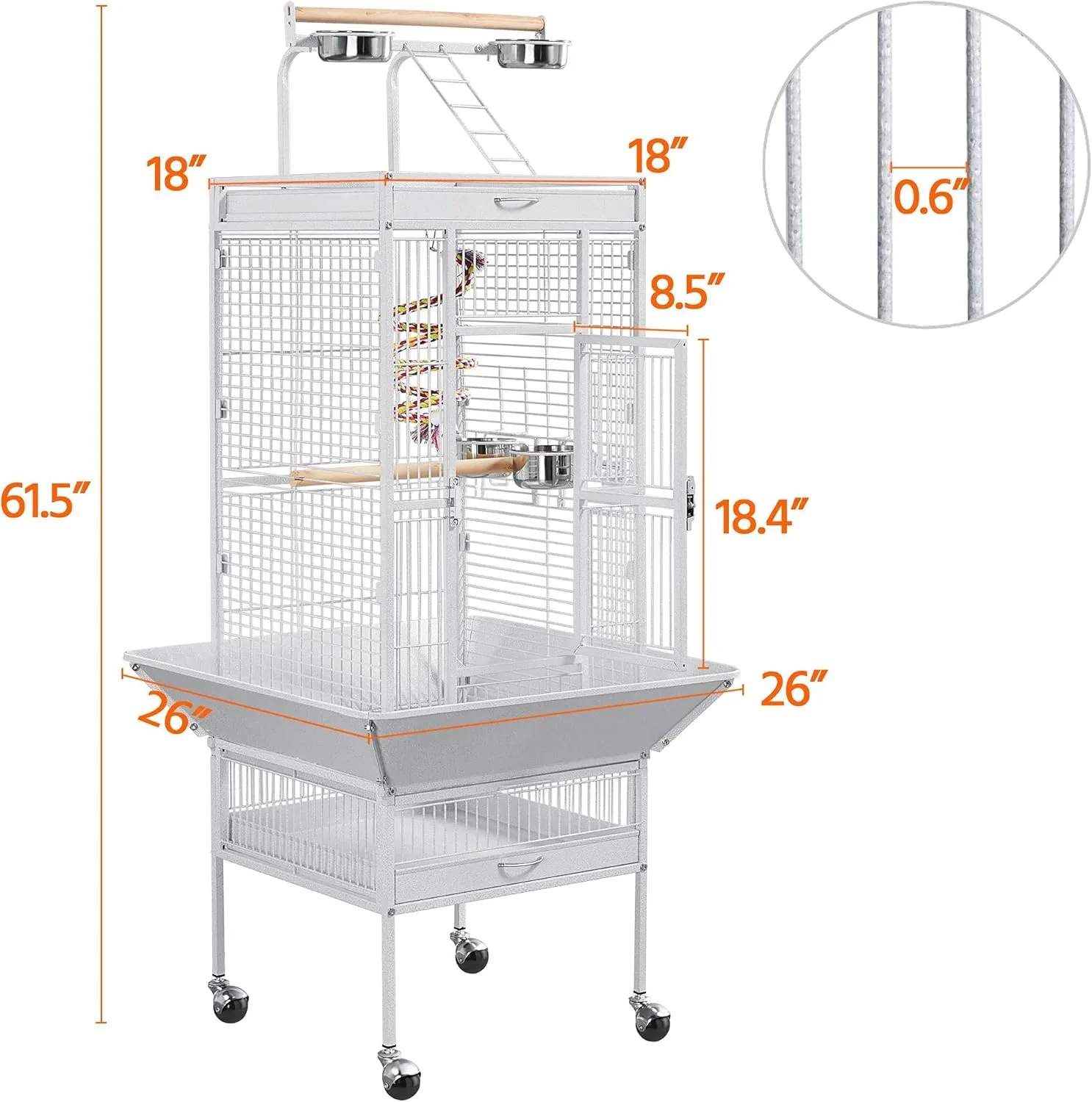 Yaheetech Wrought Iron Bird Cages, Play Top Large Aviary with Stand for Cockatiel Parrot Sun Parakeet Conures Lovebird Budgie Finch African Grey White, 61-inch