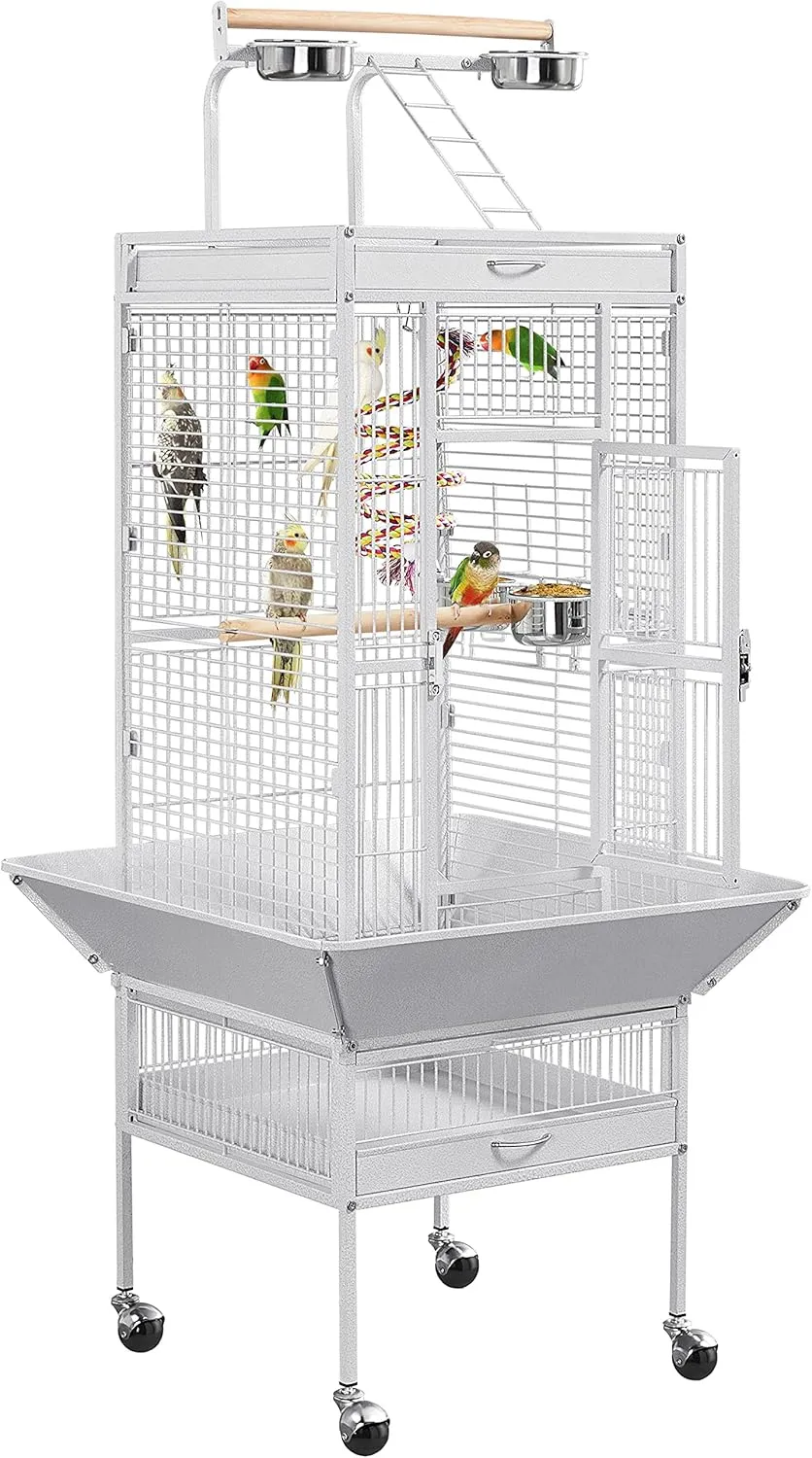 Yaheetech Wrought Iron Bird Cages, Play Top Large Aviary with Stand for Cockatiel Parrot Sun Parakeet Conures Lovebird Budgie Finch African Grey White, 61-inch