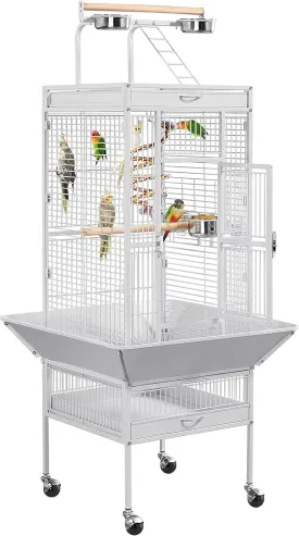 Yaheetech Wrought Iron Bird Cages, Play Top Large Aviary with Stand for Cockatiel Parrot Sun Parakeet Conures Lovebird Budgie Finch African Grey White, 61-inch