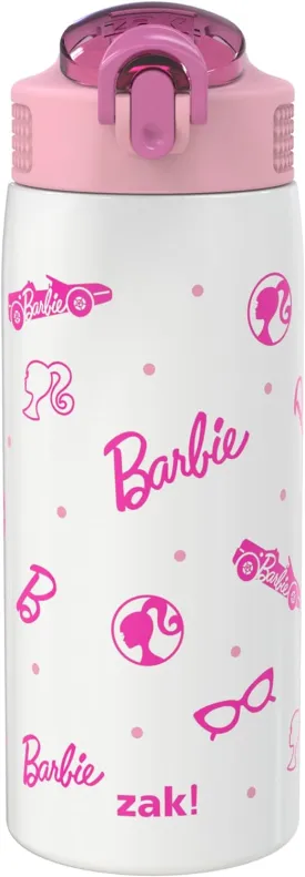 Zak Designs Barbie Water Bottle for Travel and At Home, 19 oz Vacuum Insulated Stainless Steel with Locking Spout Cover, Built-In Carrying Loop, Leak-Proof Design (Barbie)